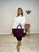 Bolso de de ante rectangular de flecos asa larga y corta burdeos