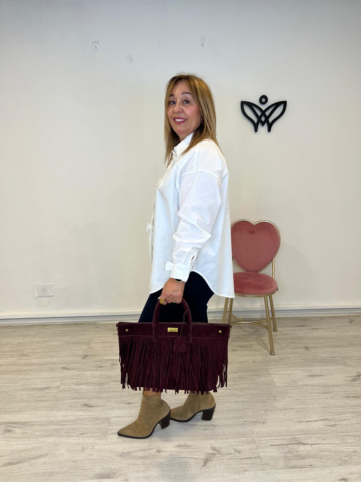 Bolso de de ante rectangular de flecos asa larga y corta burdeos