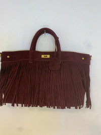 Bolso de de ante rectangular de flecos asa larga y corta burdeos