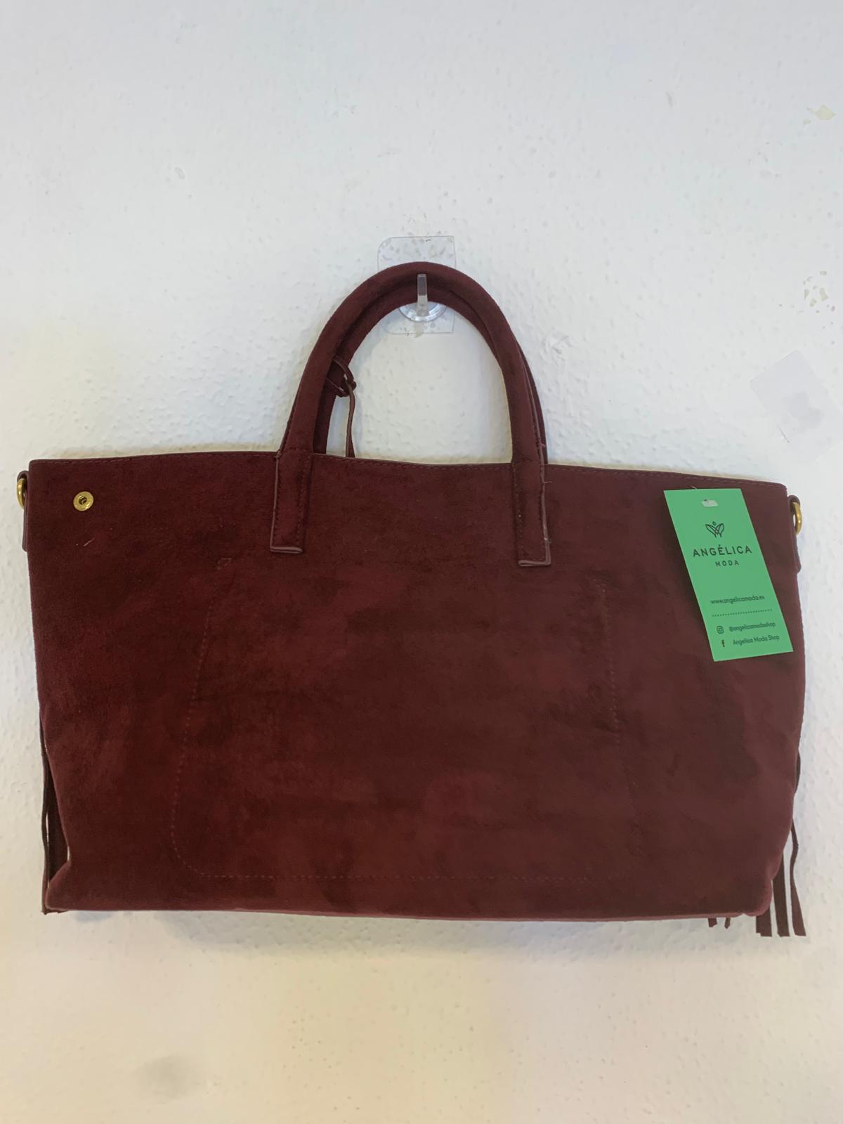 Bolso de de ante rectangular de flecos asa larga y corta burdeos