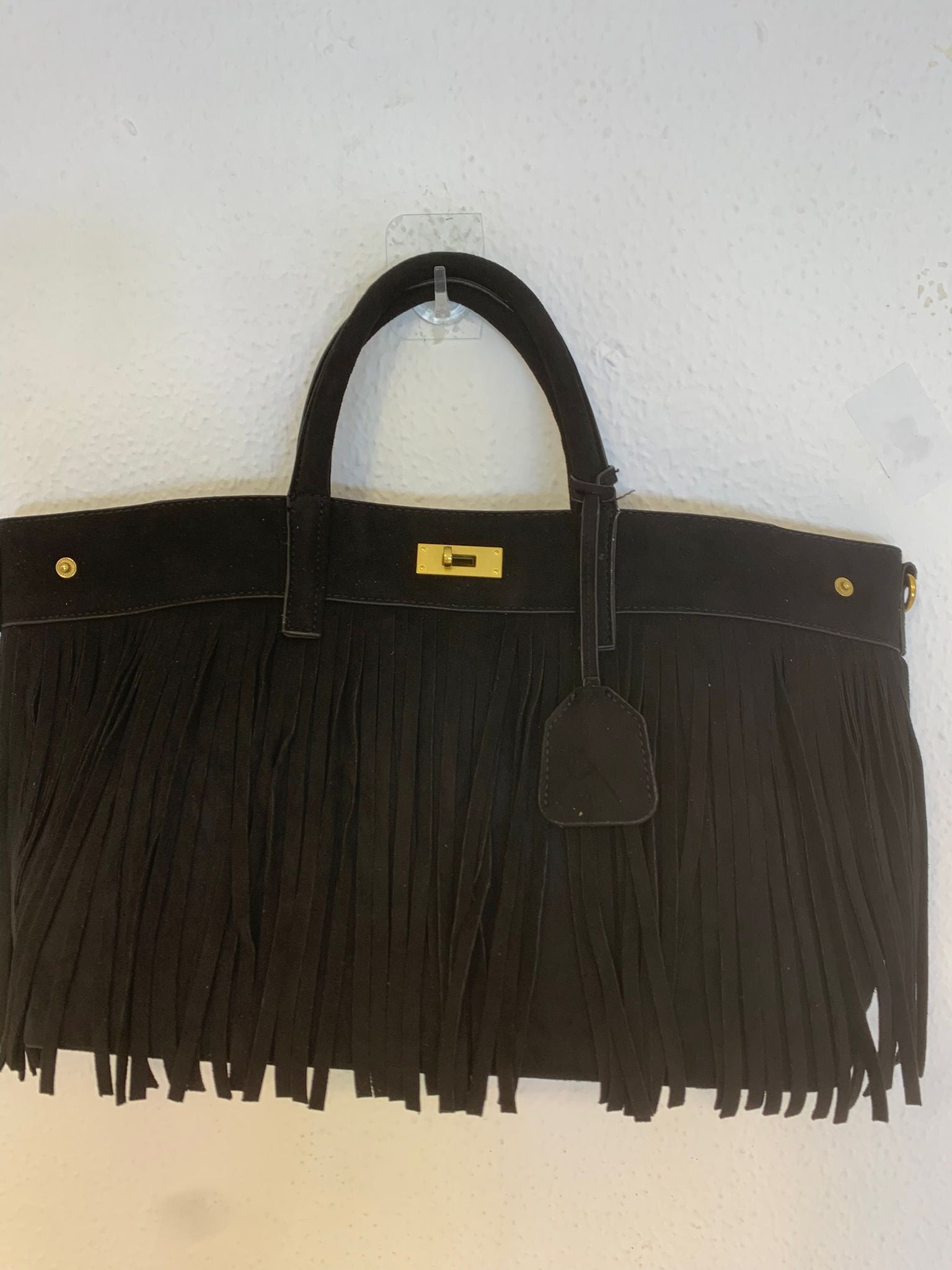 Bolso de ante de flecos rectangular dos asas corta y una larga negro