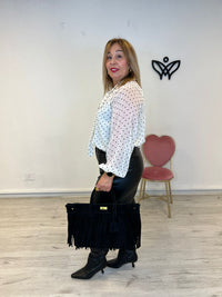 Bolso de ante de flecos rectangular dos asas corta y una larga negro