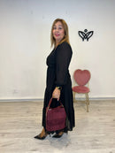 Bolso de ante con flecos bombonera asa corta y larga burdeos