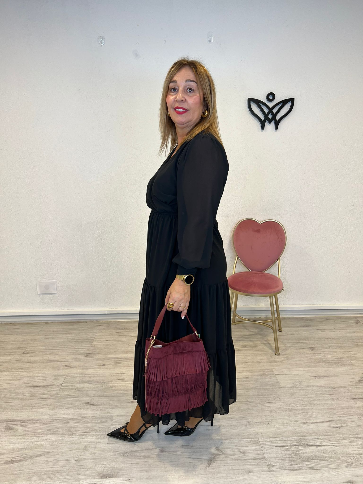 Bolso de ante con flecos bombonera asa corta y larga burdeos