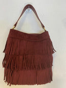 Bolso de ante con flecos bombonera asa corta y larga burdeos