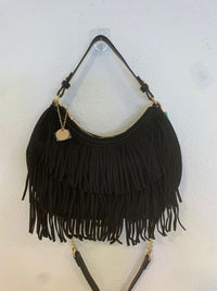 Bolso flecos de ante corte media luna asa larga y corta negro