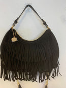 Bolso flecos de ante corte media luna asa larga y corta negro