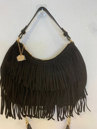 Bolso flecos de ante corte media luna asa larga y corta negro