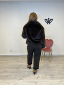 Chaqueta cazadora corta con solapas forrada de pelo sintético en marrón chocolate