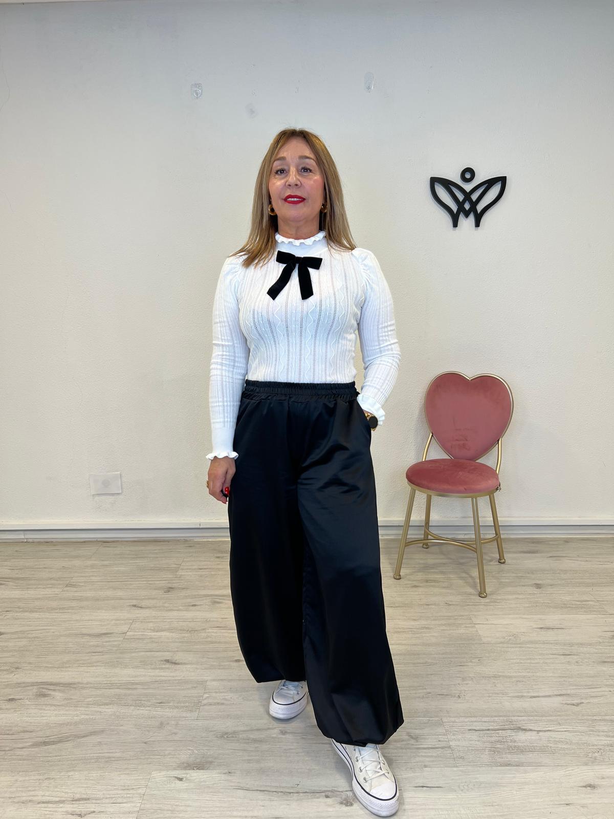 Jersey de punto de canalé cuello subido manga larga blanco