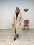 Abrigo largo clásico solapas forrado con cinturón y botones beis