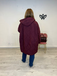 Parka chaqueta acolchada larga con capucha abrocha con botones burdeos