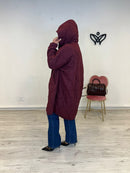 Parka chaqueta acolchada larga con capucha abrocha con botones burdeos