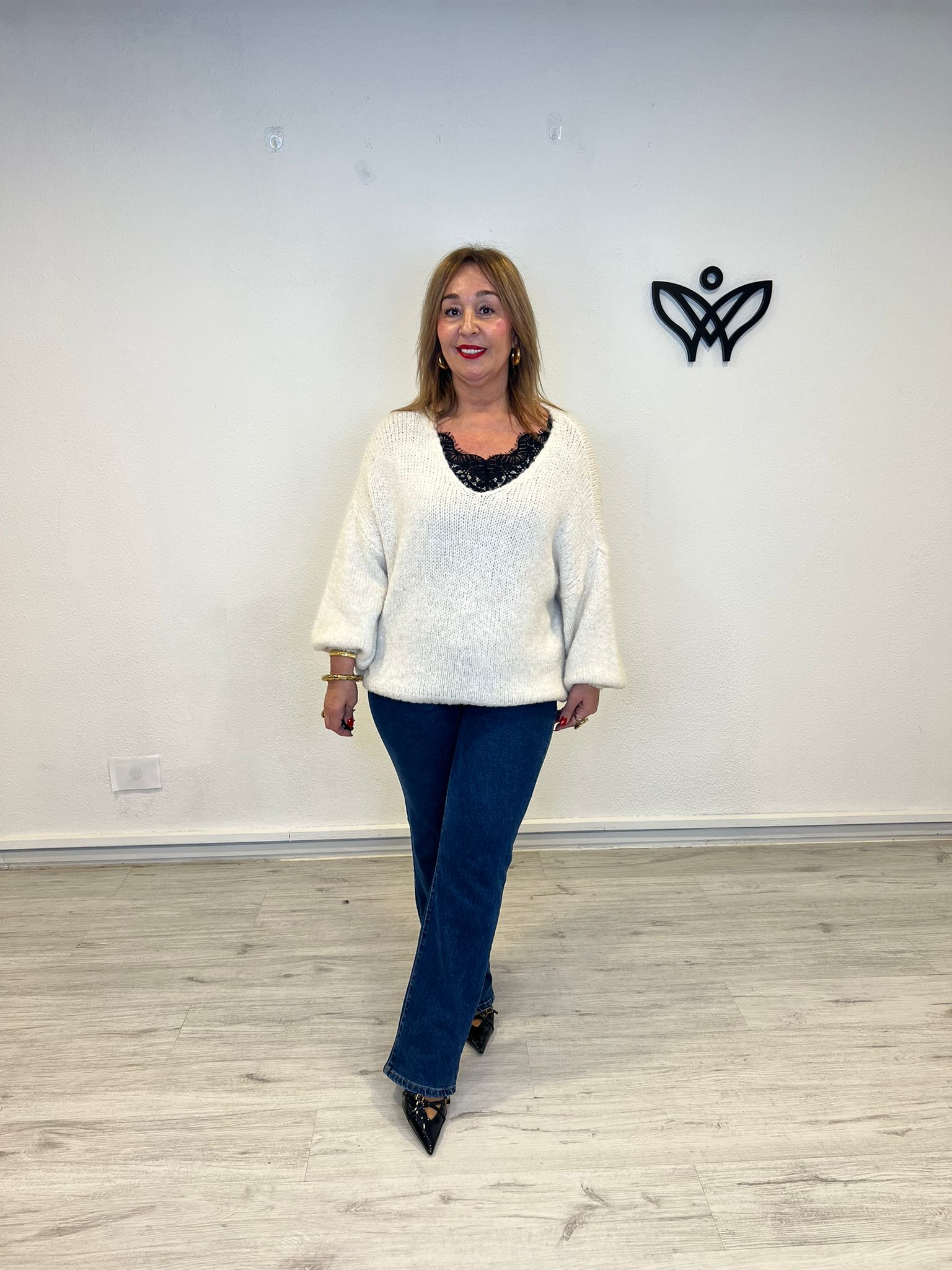 Jersey escote en pico oversize punto gordo beis