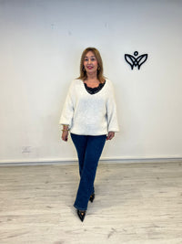 Jersey escote en pico oversize punto gordo beis