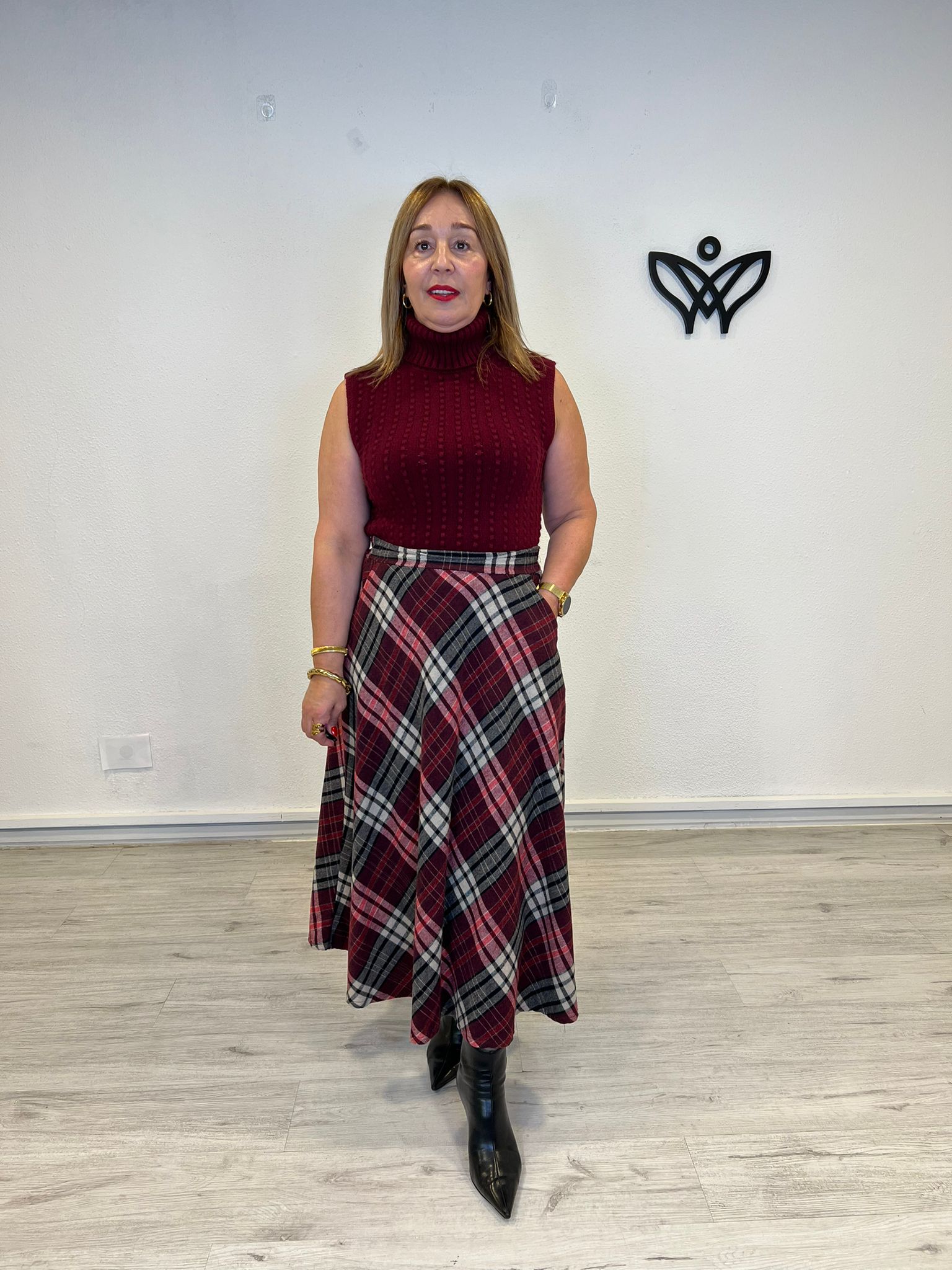 Falda de cuadros corte evasé con bolsillos goma en la cintura budeos