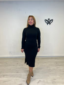 Vestido de punto largo cuello subido abertura lateral negro