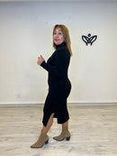 Vestido de punto largo cuello subido abertura lateral negro