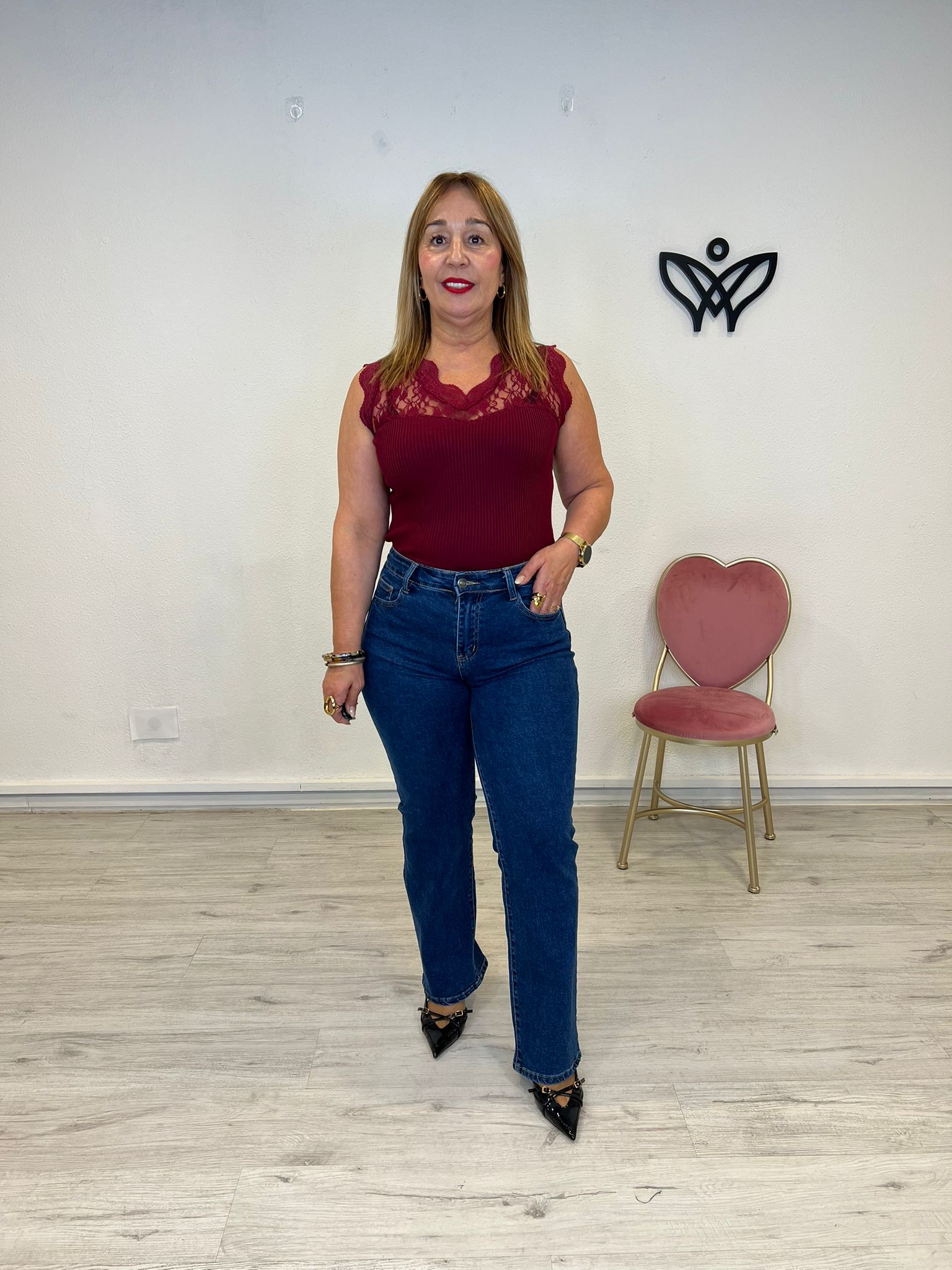 Pantalón denim vaquero elástico tiro alto corte recto push up azul