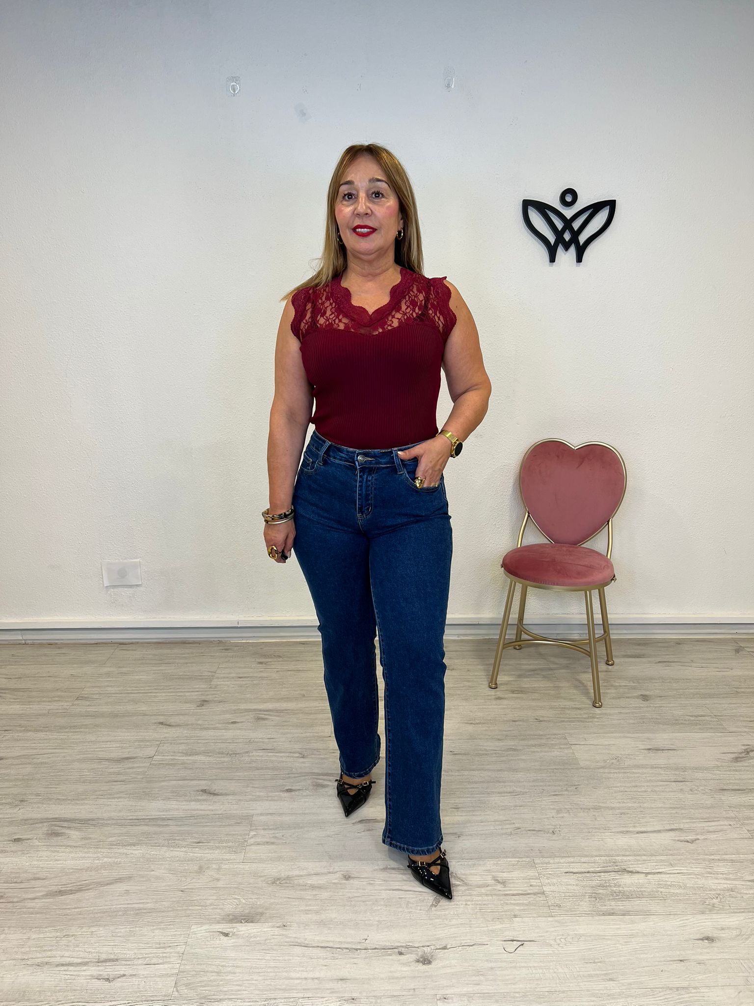 Pantalón denim vaquero elástico tiro alto corte recto push up azul