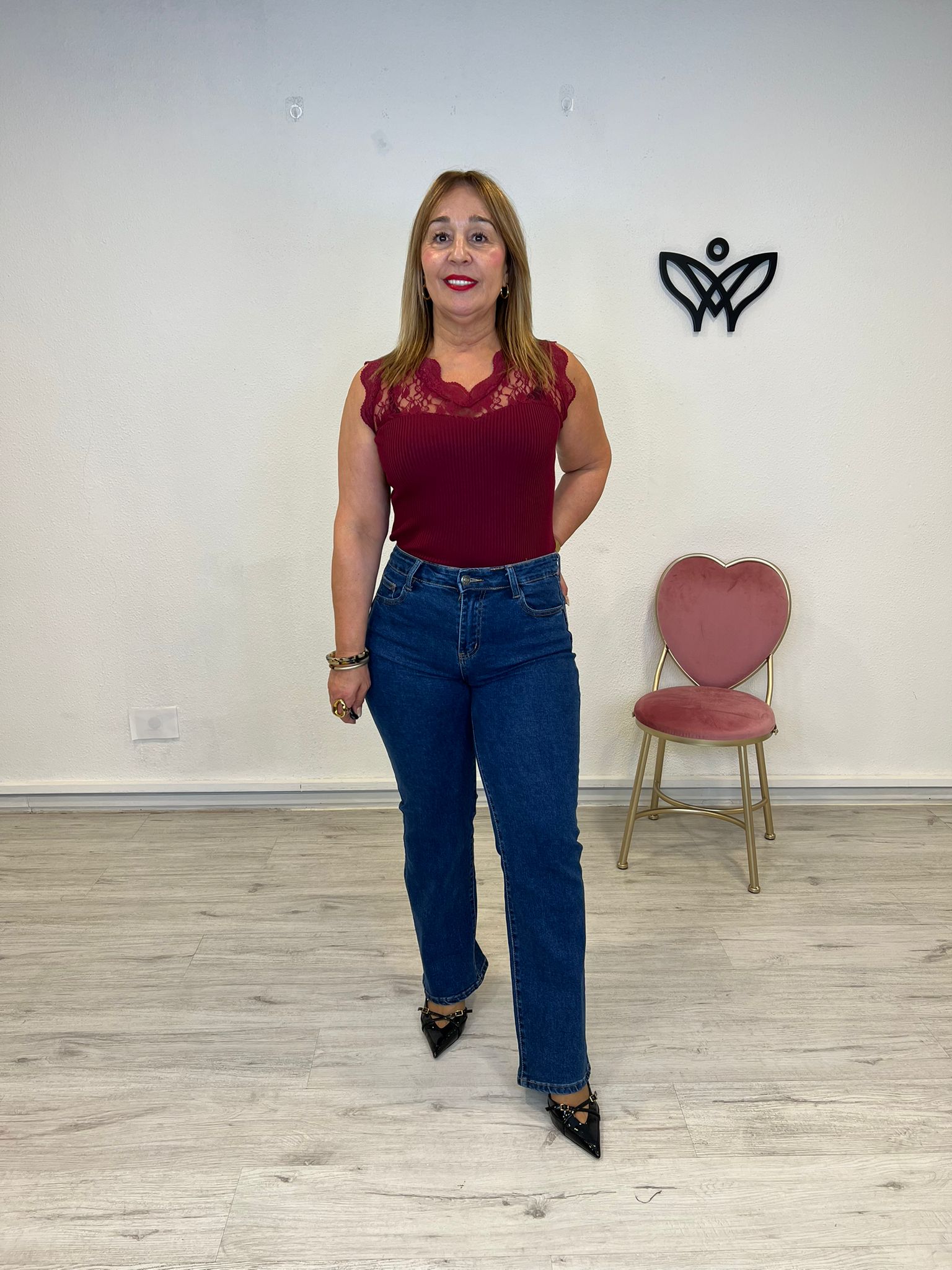 Pantalón denim vaquero elástico tiro alto corte recto push up azul