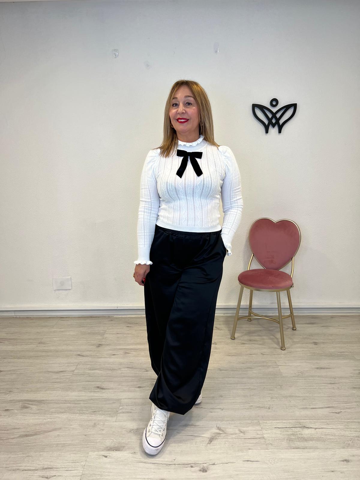 Jersey de punto de canalé cuello subido manga larga blanco