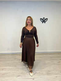 Falda largo midi de tul plisada con goma en la cintura marrón chocolate