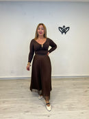 Falda largo midi de tul plisada con goma en la cintura marrón chocolate