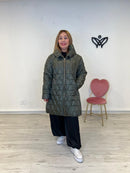 Plumas largo acolchado forrado con capucha abrocha con cremallera verde