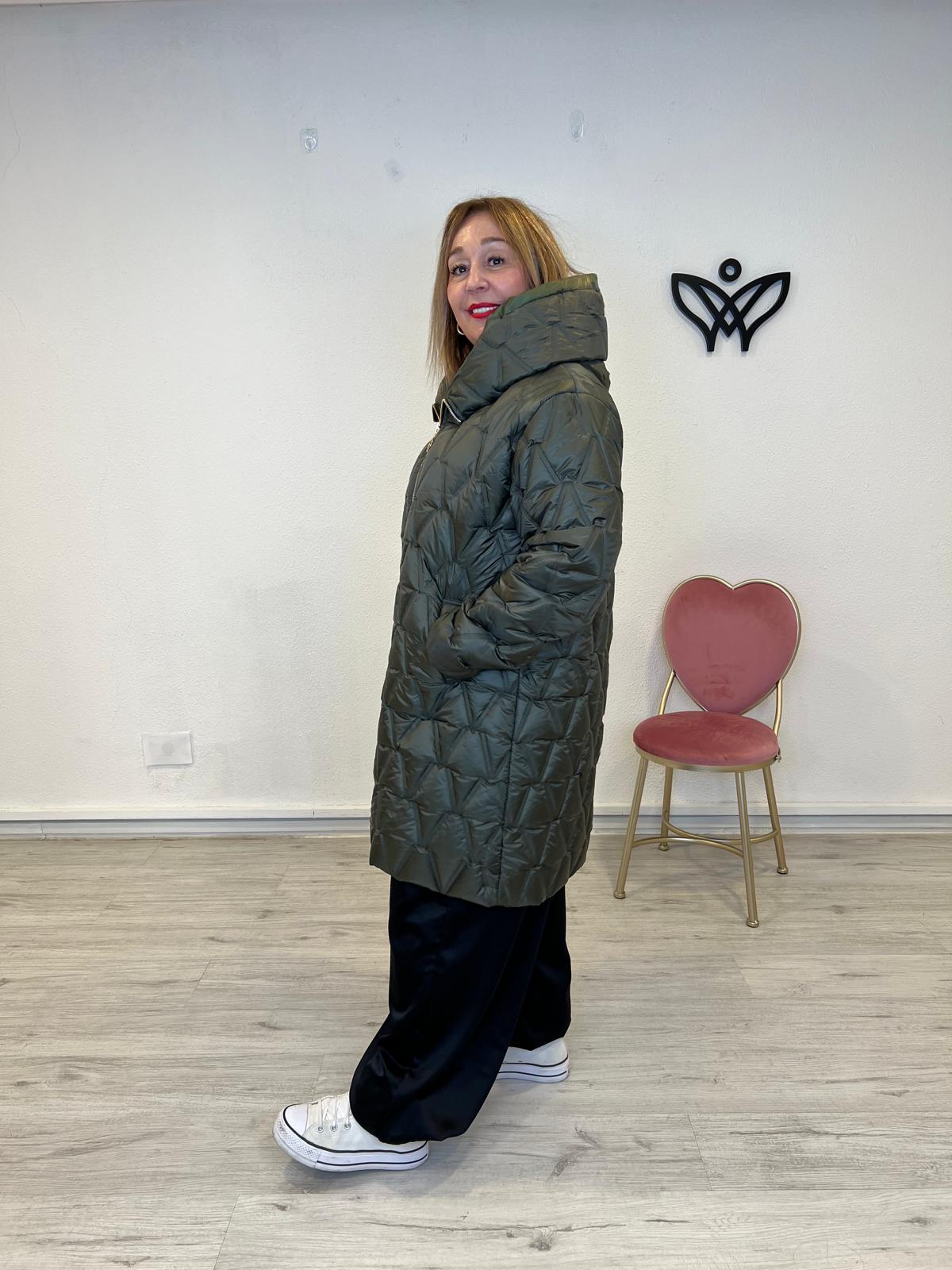 Plumas largo acolchado forrado con capucha abrocha con cremallera verde