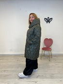 Plumas largo acolchado forrado con capucha abrocha con cremallera verde