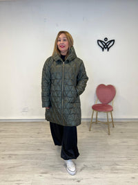 Plumas largo acolchado forrado con capucha abrocha con cremallera verde