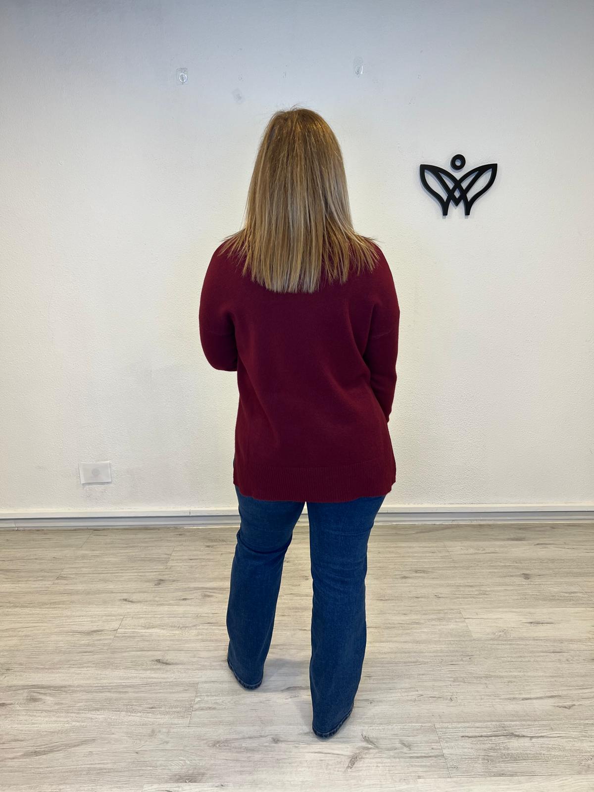 Jersey de punto largo de cuello subido burdeos