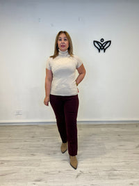 Jersey de punto básico cuello subido manga corta beis