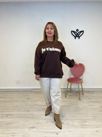 Sudadera larga de algodón cuello redondo oversize marrón chocolate