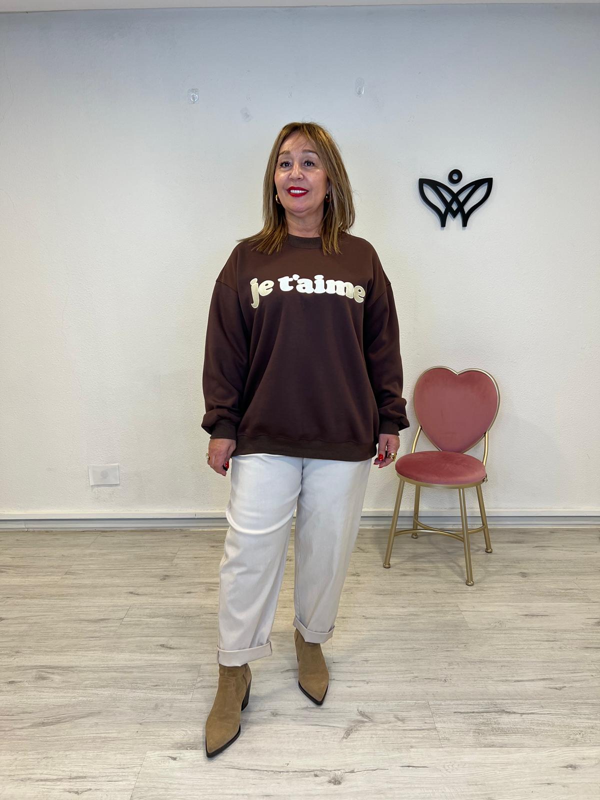 Sudadera larga de algodón cuello redondo oversize marrón chocolate