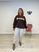 Sudadera larga de algodón cuello redondo oversize marrón chocolate