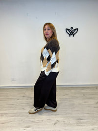 Jersey de punto cuello redondo de rombos marrón chocolate