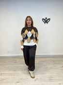 Jersey de punto cuello redondo de rombos marrón chocolate