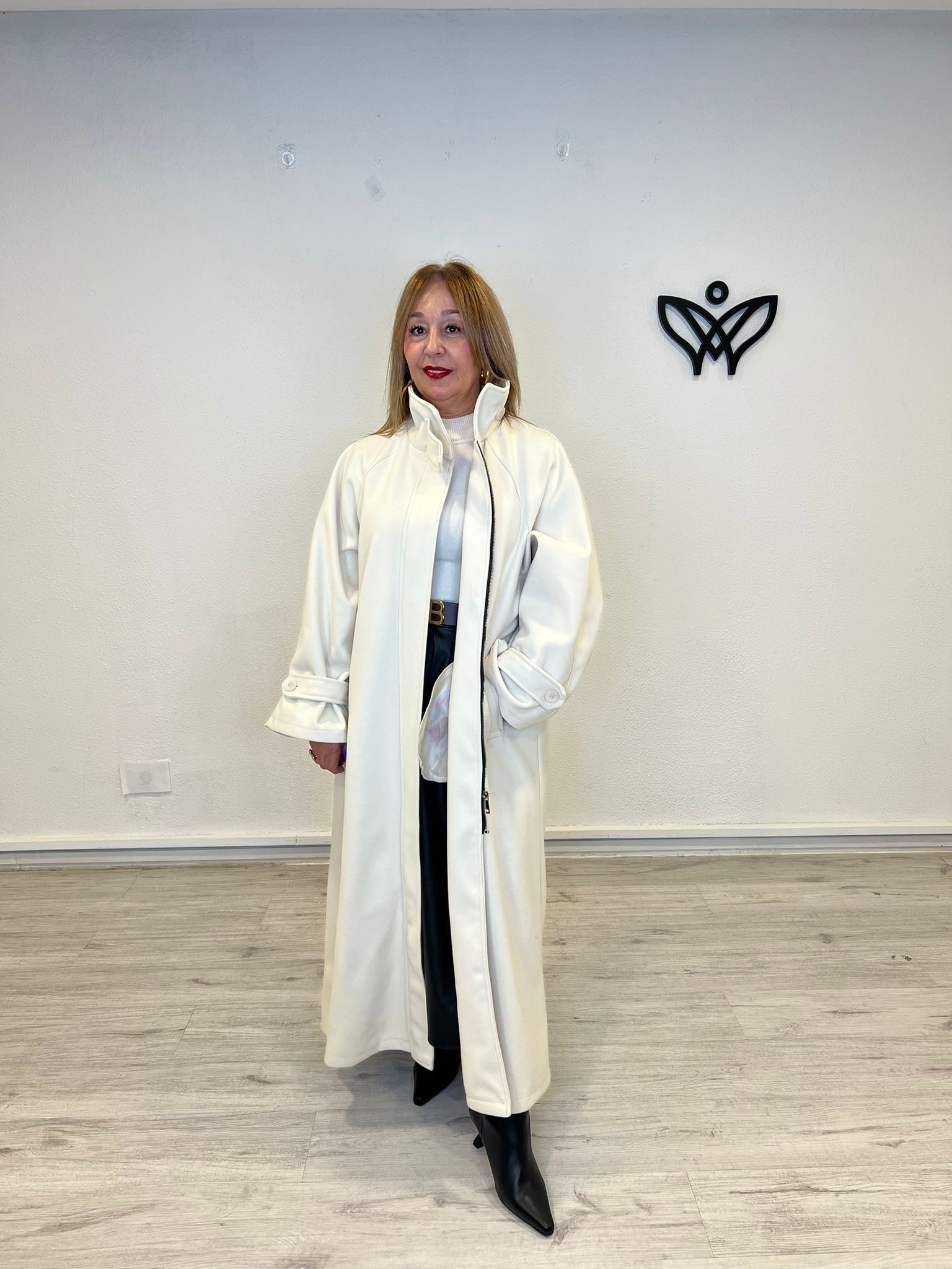 Abrigo de paño largo oversize beis