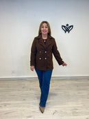 Abrigo chaquetón corto de paño forrado solapas marrón chocolate