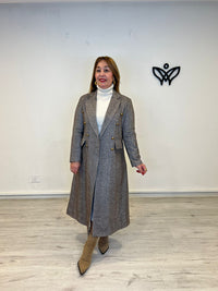 Abrigo largo estampado de espigas marrón chocolate