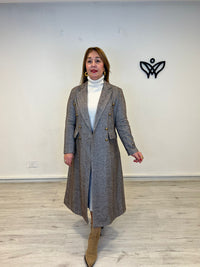 Abrigo largo estampado de espigas marrón chocolate