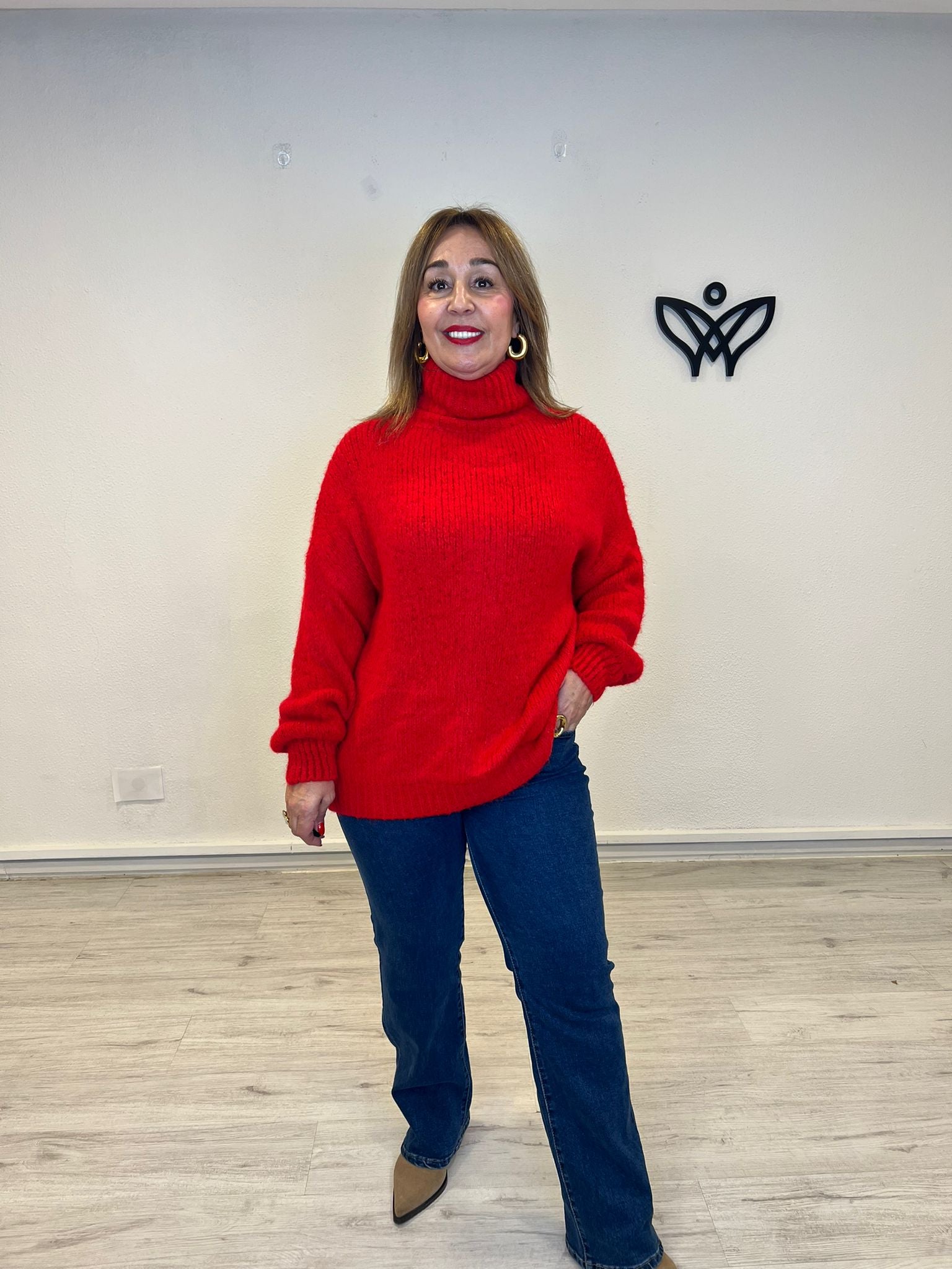 Jersey de cuello subido de punto gordo oversize rojo