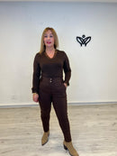 Pantalón elástico tiro alto goma en la cintura marrón chocolate