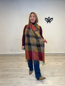 Bufanda amorosa de cuadros con flecos marron y burdeos