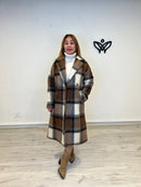 Abrigo lana cuadros largo midi con solapas forrado y bolsillos en marrón y beis