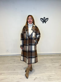 Abrigo lana cuadros largo midi con solapas forrado y bolsillos en marrón y beis