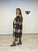 Abrigo lana cuadros largo midi con solapas forrado y bolsillos en marrón y beis