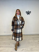 Abrigo lana cuadros largo midi con solapas forrado y bolsillos en marrón y beis